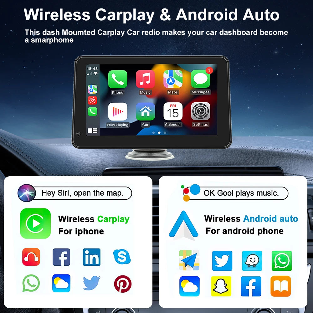 Gör din bil smart – Bilskärm med CarPlay, Android Auto & Trådlös skrämdelning! För montage med sugpropp mot rutan!