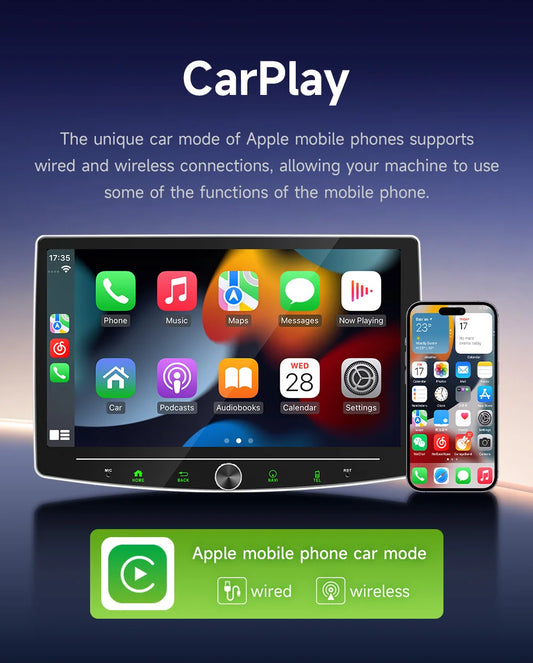 10" bildator med Apple CarPlay och Android Auto. Passar 1-DIN, enkel att installera. Ger din gamla bil modern funktion som Spotify, kartor och handsfree – utan krångel.