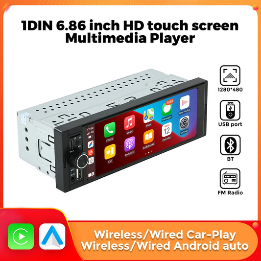 1Din trådad CarPlay & Android Auto, 6,86'' HD-pekskärm, universell bilradio med FM, MP5-spelare, BT, TF-port och kamerastöd. Perfekt för montage i äldre bilar :)